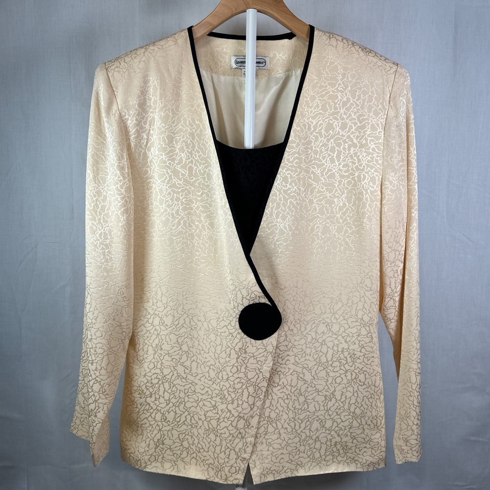 Lauren Alexandra Womens Vintage 100% Silk Jacquard Blazer Cream Black Size 10